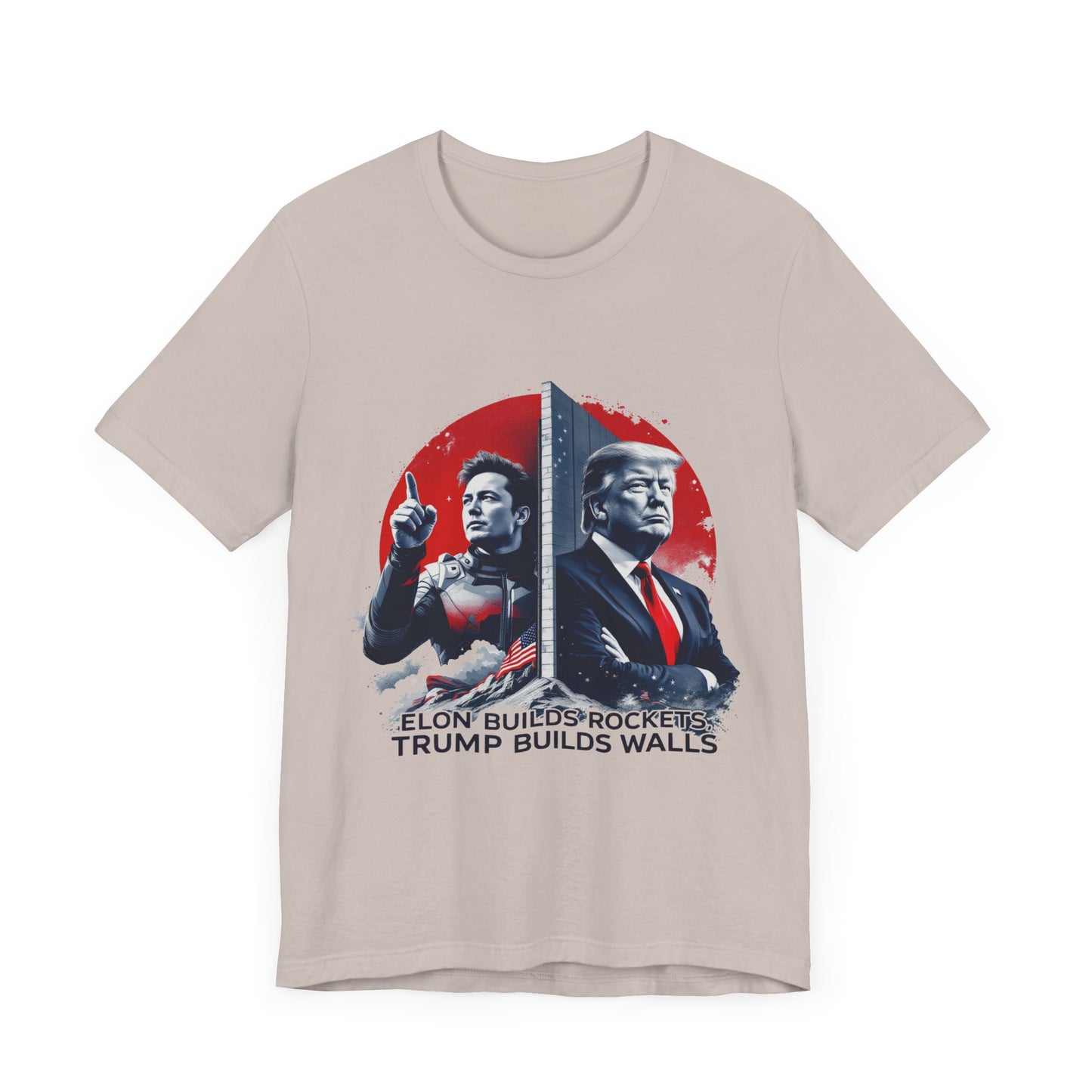 Elon & Trump Wall and Rockets Unisex Jersey Tee - Bold Politically-Themed Graphic T-Shirt