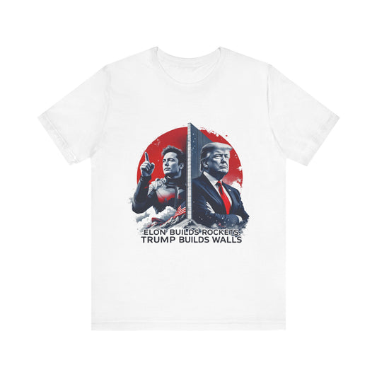 Elon & Trump Wall and Rockets Unisex Jersey Tee - Bold Politically-Themed Graphic T-Shirt