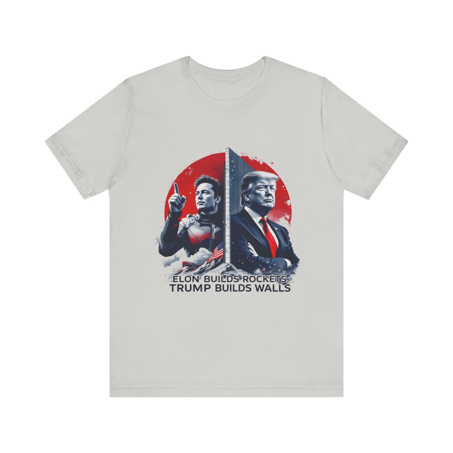 Elon & Trump Wall and Rockets Unisex Jersey Tee - Bold Politically-Themed Graphic T-Shirt