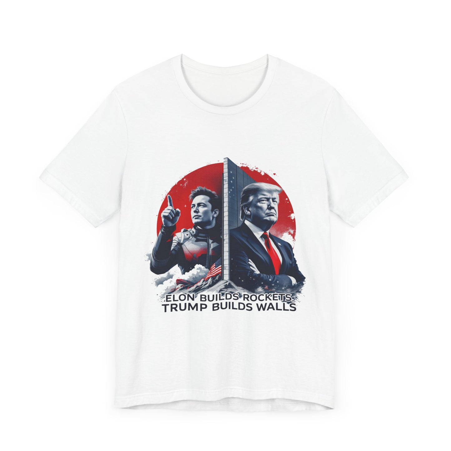Elon & Trump Wall and Rockets Unisex Jersey Tee - Bold Politically-Themed Graphic T-Shirt