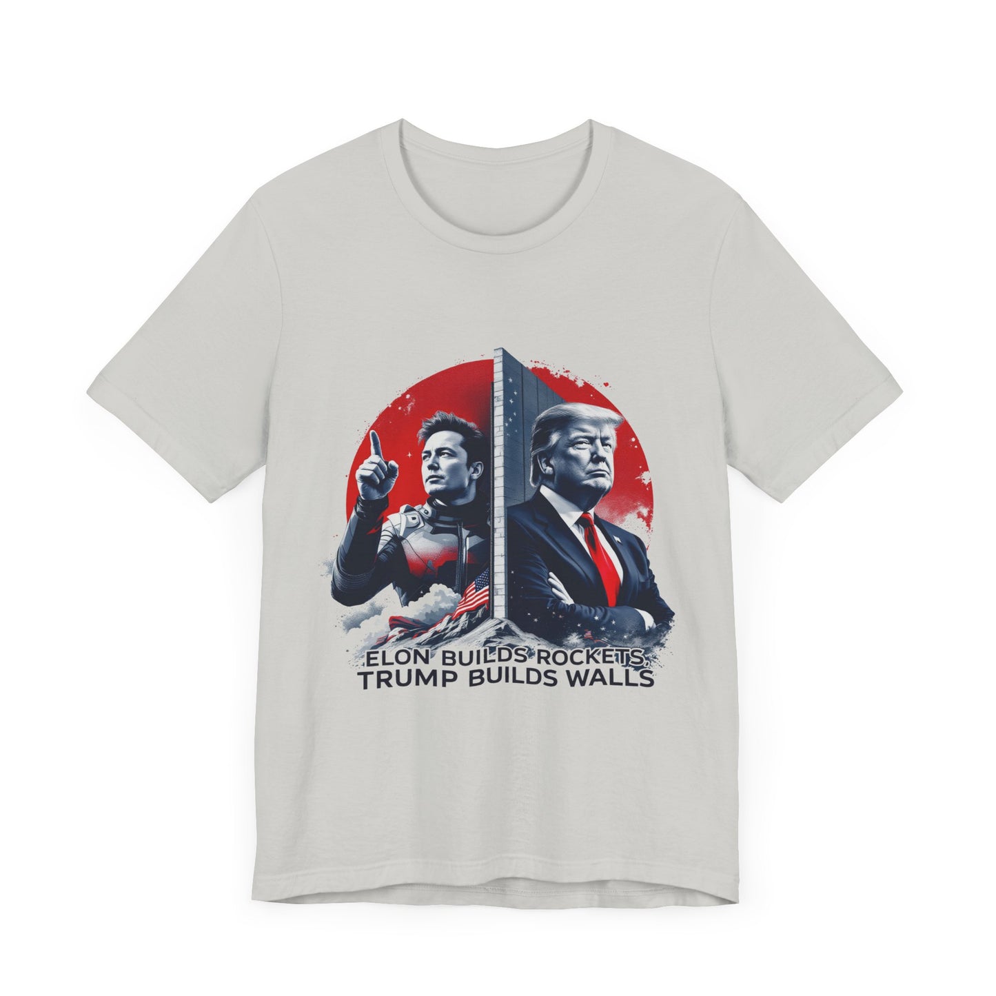 Elon & Trump Wall and Rockets Unisex Jersey Tee - Bold Politically-Themed Graphic T-Shirt